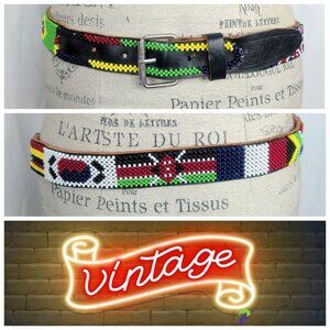 Vintage Beaded Flags Belt Small Leather Black Universal
